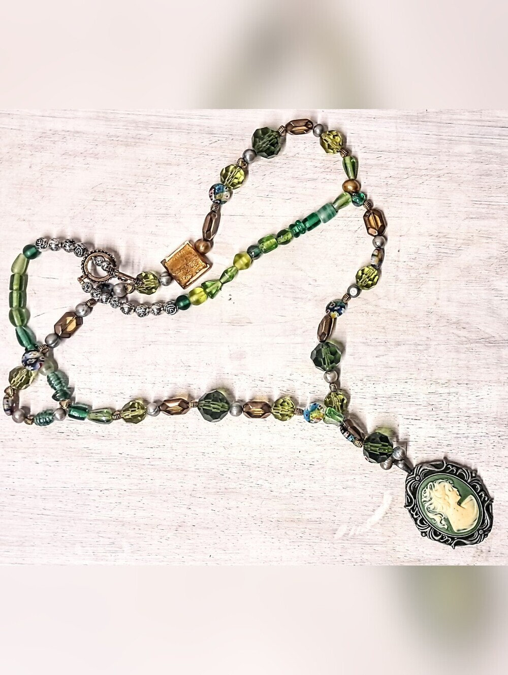 Vintage Victorian-Style Green Cameo Beaded Necklace – Handcrafted Artisan Piece